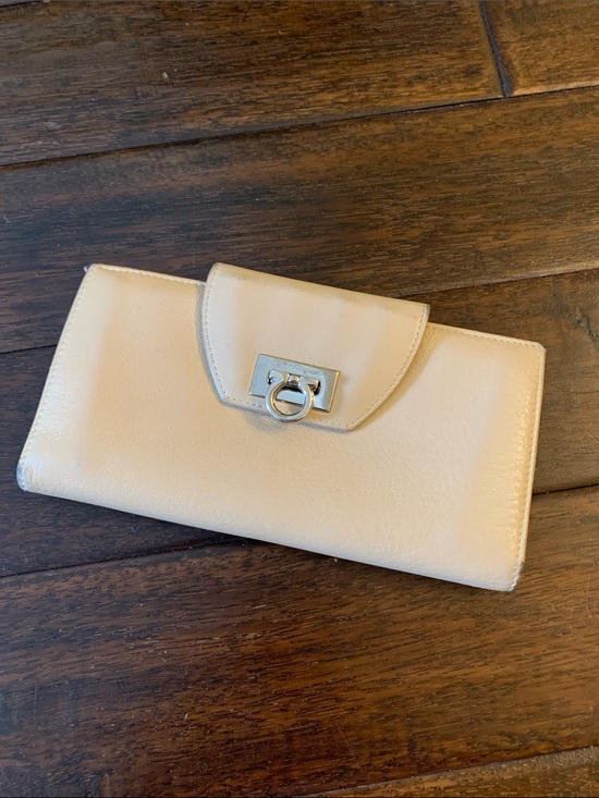 Salvatore Ferragamo Handbags - Salvatore Ferragamo Cream Leather Wallet with Silver Gancini Ring